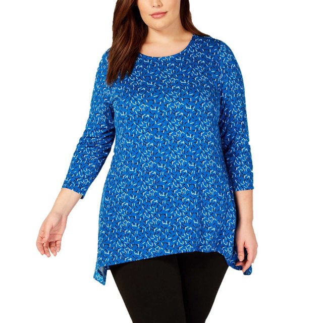 Alfani Women’s Plus Size Printed Woven-Back Tops, Navy, 2X