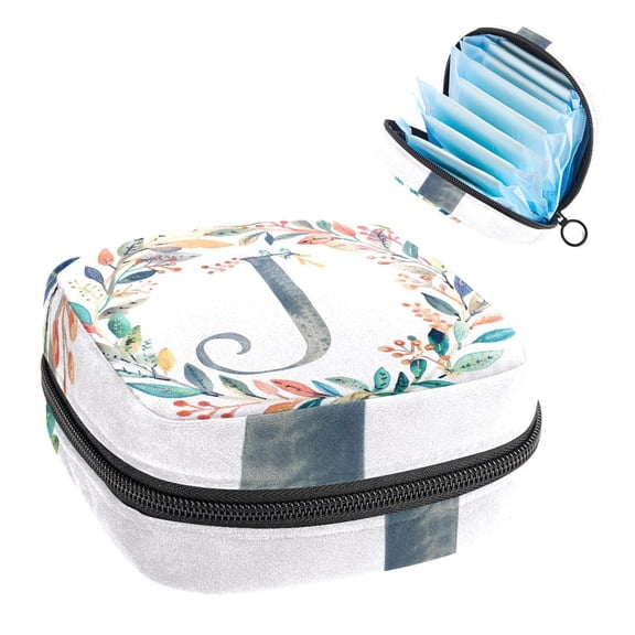 Sanitary Napkin Storage Bag for Girls Women, Portable First Period Pads Bag Tampons Holder Girls Travel Makeup Bag, Large Capacity Letter J with Wreath Cute Pattern
