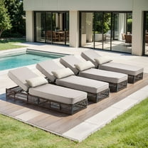 PARKWELL Outdoor Chaise Lounge Chair Set of 4, Wicker Reclining Chair with Steel Frame, 5-Position Backrest, 5" Thick Cushions and Lumbar Support for Patio or Poolside, Brown/Beige