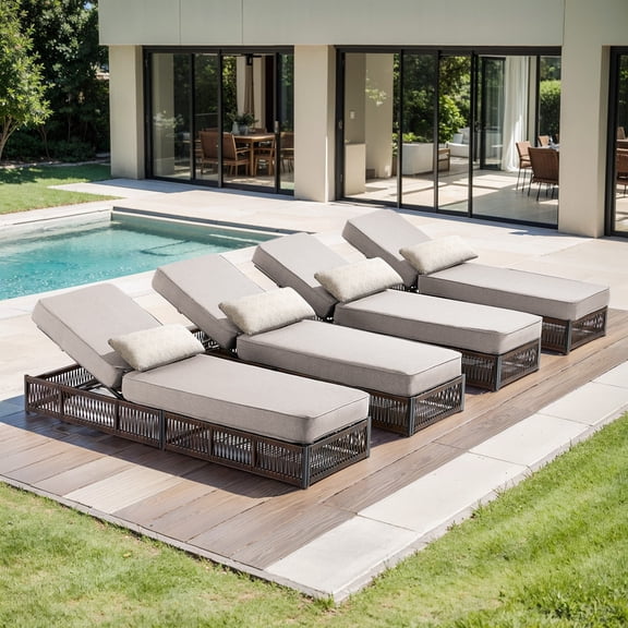 PARKWELL Outdoor Chaise Lounge Chair Set of 4, Wicker Reclining Chair with Steel Frame, 5-Position Backrest, 5" Thick Cushions and Lumbar Support for Patio or Poolside, Brown/Beige