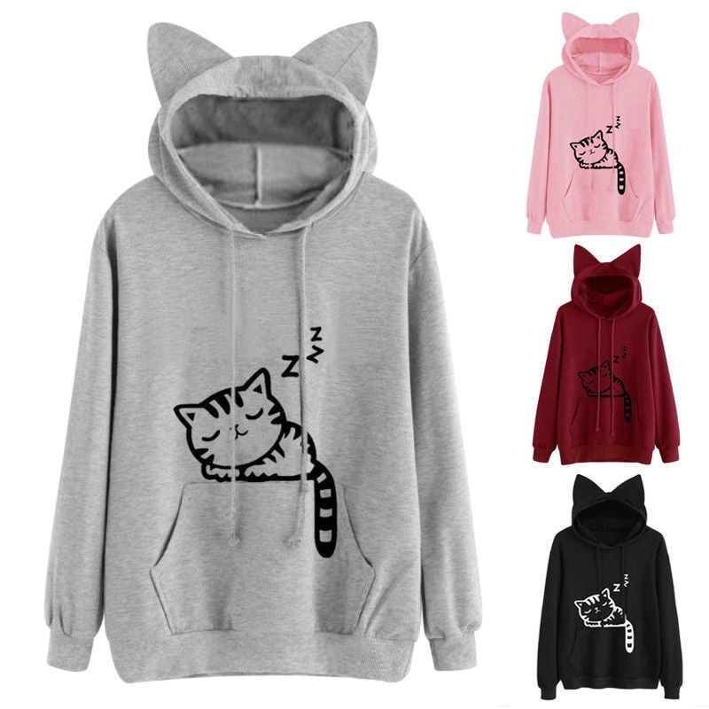 Women Ladies Cat Long Sleeve Hoodie 