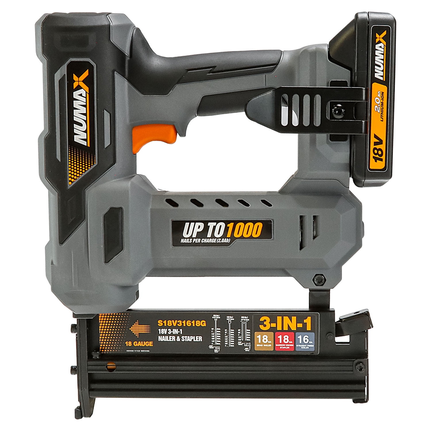 NuMax S18V31618G 18 Volt Cordless 3-in-1 16 and 18 Gauge 2" Finish Nailer / Stapler Kit with Lithium Ion Battery, Charger and Fasteners – 1000 Shots per Charge