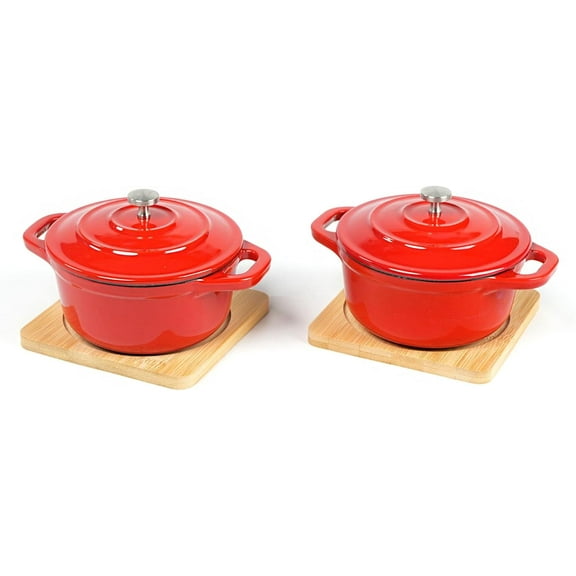 Enameled Cast Iron Mini Round Cocotte Set, 0.5QT Mini Dutch Ovens with Lids and Bamboo Trays, Dia.4.8 inch, Set of 2, Red