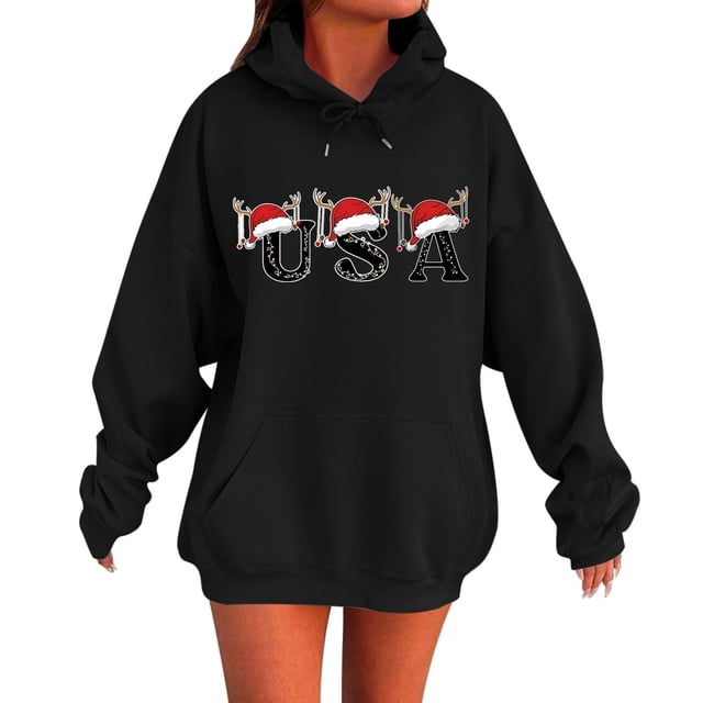 WILLBEST Sudadera de Mujer, Estilo Casual de Invierno, con Estampado Navideño Del Alfabeto, Bolsillo con Cordón Ajustable y Manga Larga XX-Grande