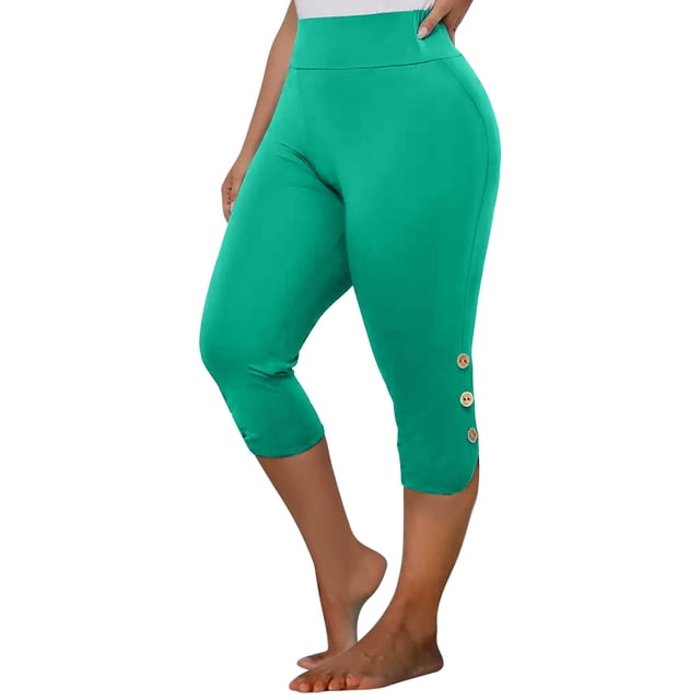 Timegard Yoga Leggings for Women High Waisted Button Solid Color Slim Capris Athletic Workout Gym Pants