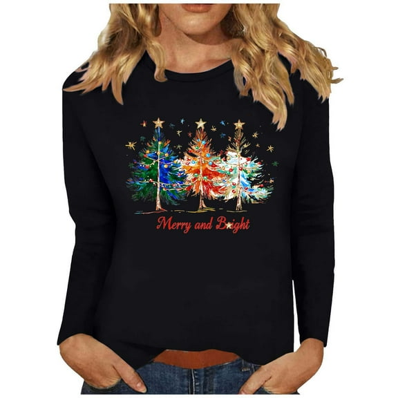 Womens Christmas Shirts Funny Fashionable Long Sleeve Round Neck Christmas Tree Print Shirt for T-Shirt Holiday Wear Comfort Tees My Items