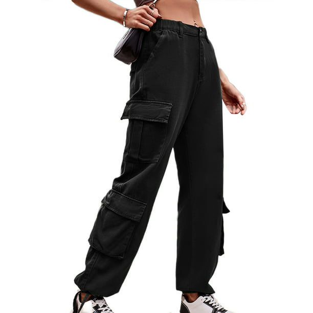 LUXUR Ladies Cargo Pant Drawstring Denim Pants Solid Color Bottoms Casual  Trousers High Waist Jeans Black 2XL 