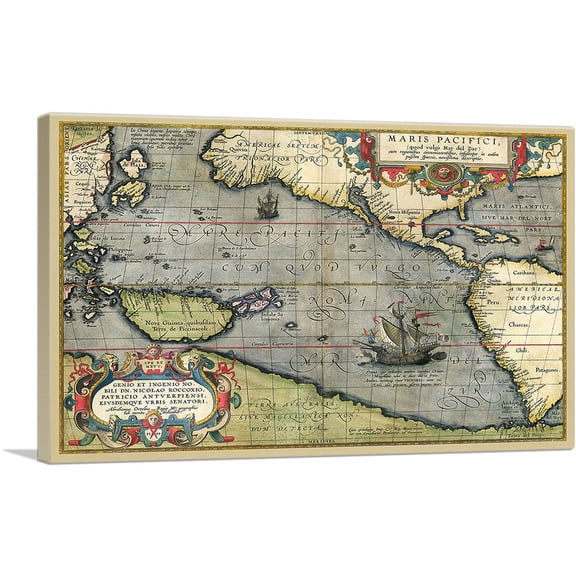ARTCANVAS Pacific Ocean 1589 Canvas Art Print by Abraham Ortelius - Size: 26" x 18" (0.75" Deep)