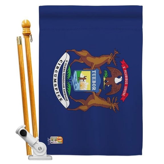 AA-SS-HS-140523-IP-BO-D-US18-AG 28 x 40 in. Michigan States Impressions Decorative Vertical Double Sided House Flag Set & Pole Bracket Hardware Flag Set