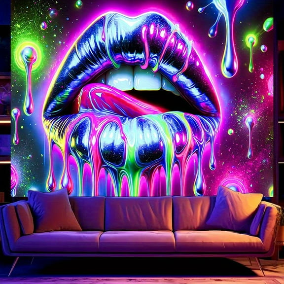 1PC, 2D/Flat polyester fluorescent tapestry, neon lip kiss style, UV black light reaction tapestry 78.74*59.06 inches, very suitable for living room, bedroom, office home decoration/room decoration/p
