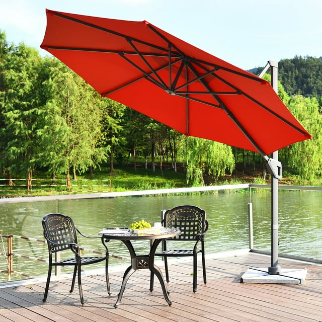Costway 11ft Patio Offset Umbrella Cantilever Rotation Aluminum Tilt Cross Base Orange