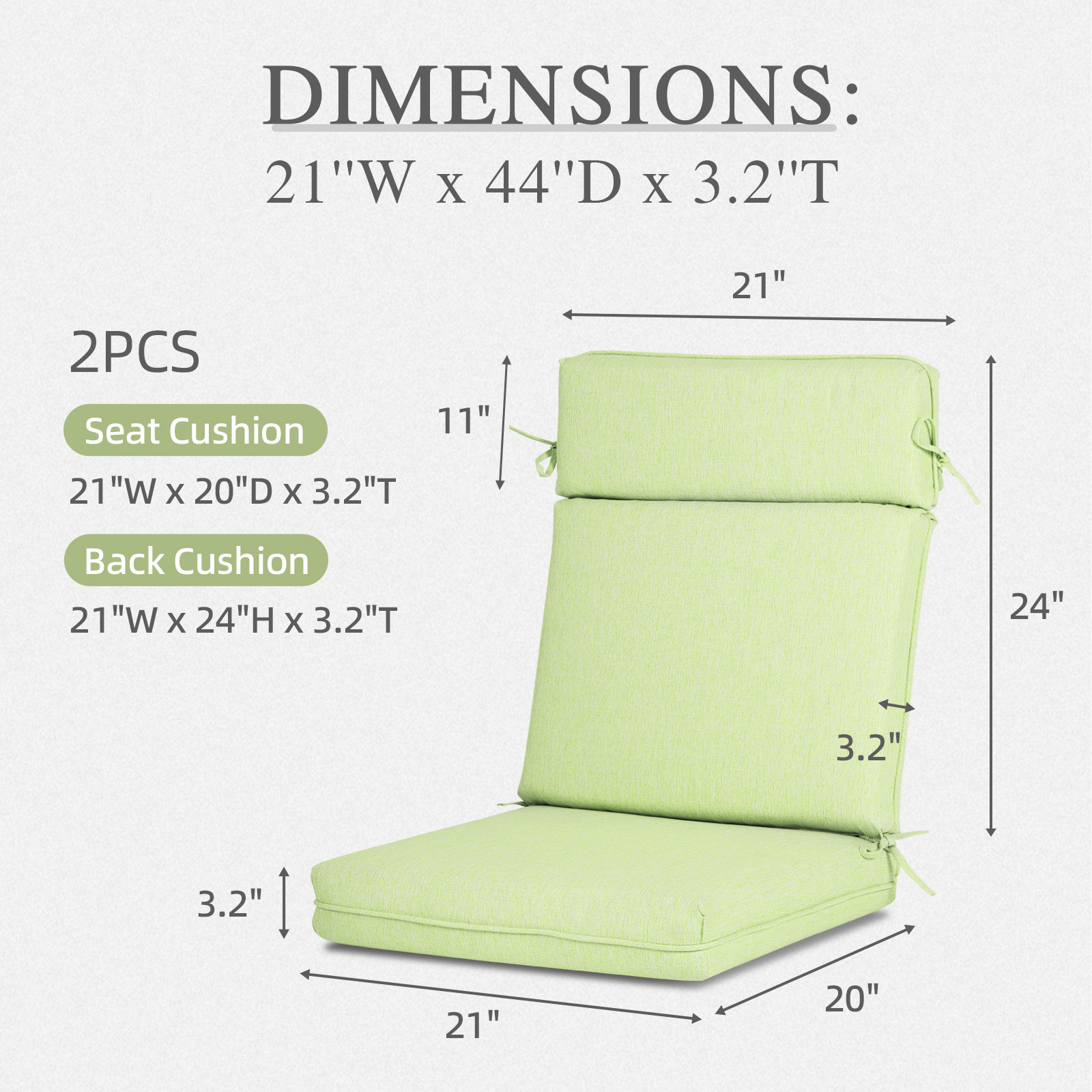 Aoodor High-Back Outdoor Dining Chair Cushion Set, Fade-Resistant Polyester Fabric, Water-Repellent TPU Coating, 44x21x3 Inches (Set of 2)