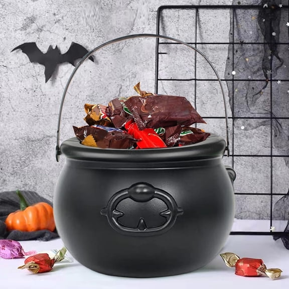 Halloween Large Cauldron, 7.7" Black Plastic Witch Pot with Handle, Large Witch Cauldron Pot Bucket for Halloween Decorations Trick or Treat Party Supplies Black