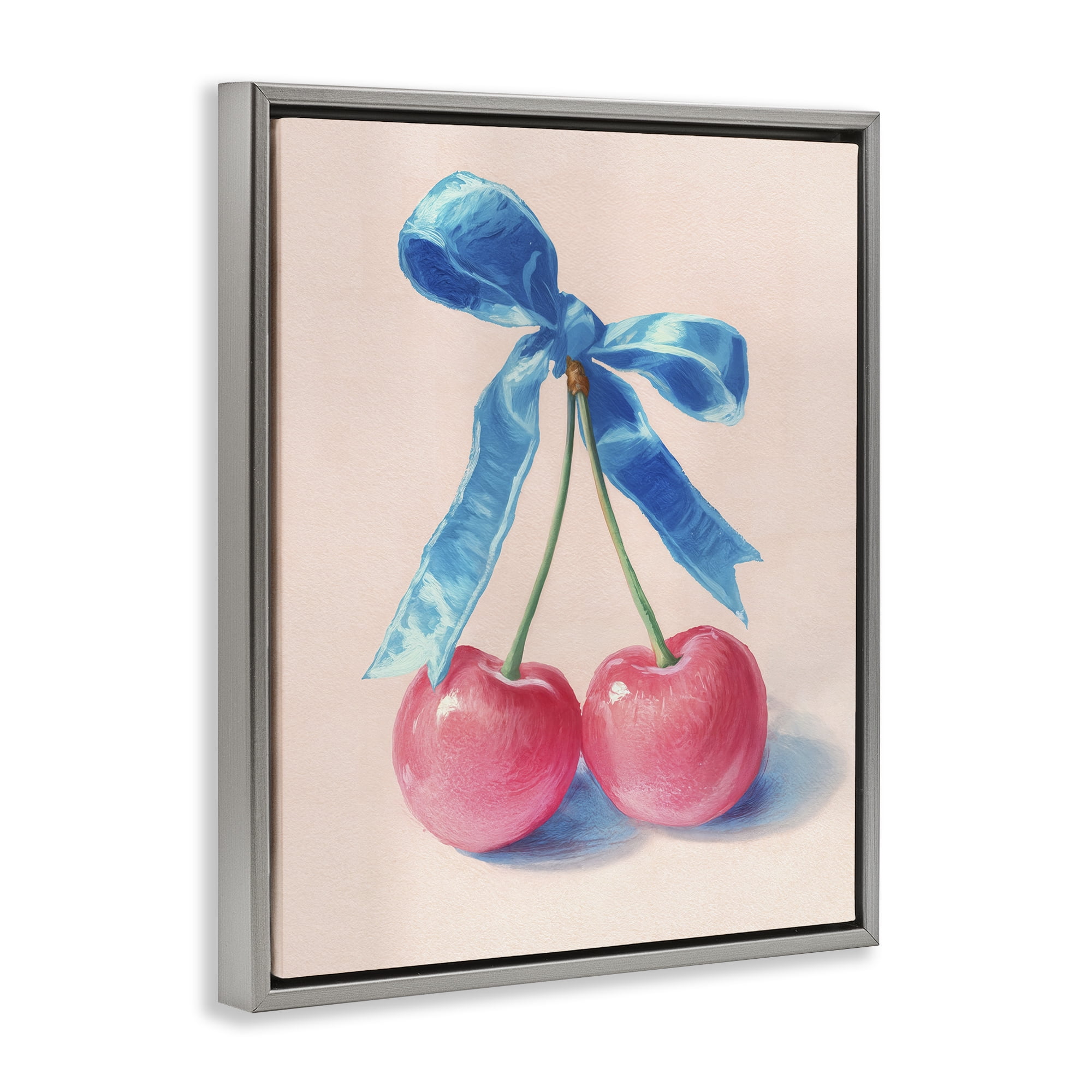 Stupell Industries Twin Cherries with Blue Ribbon Gray Framed Floater Canvas Wall Art, design by Imagine It Images