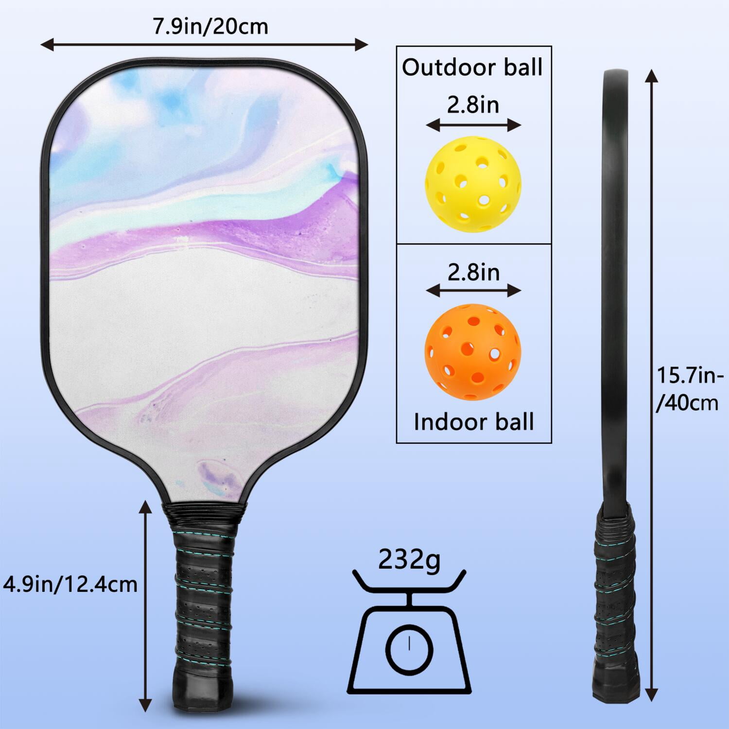 Pickleball Paddles Set Of 1, Fiberglass Surface, Liquid & Marble Print, 1 Paddles, 2 Balls & Bag