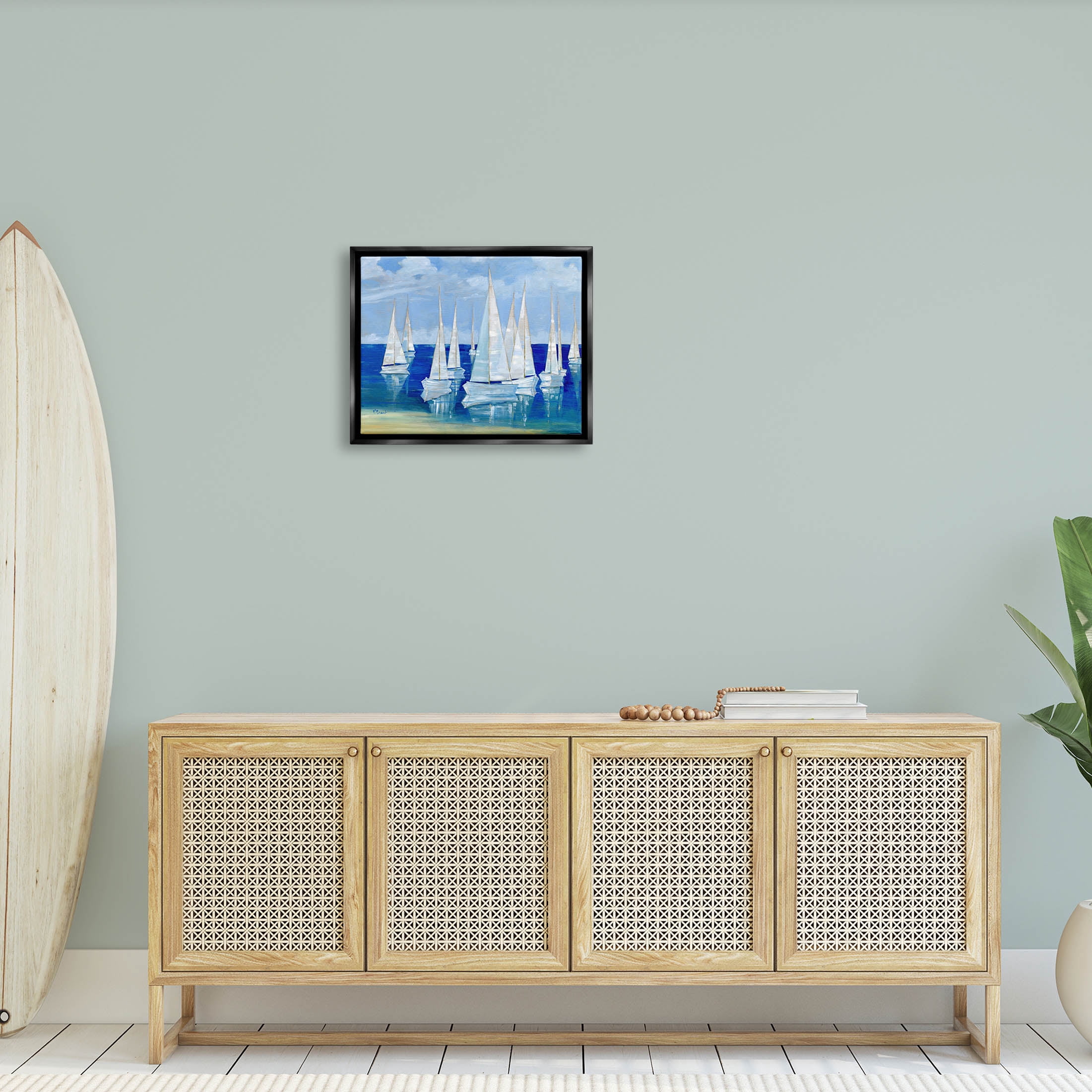Stupell Industries Blanco Beach Sailboats Reflecting Coast Painting Jet Black Floating Framed Canvas Print Wall Art, Design by Paul Brent