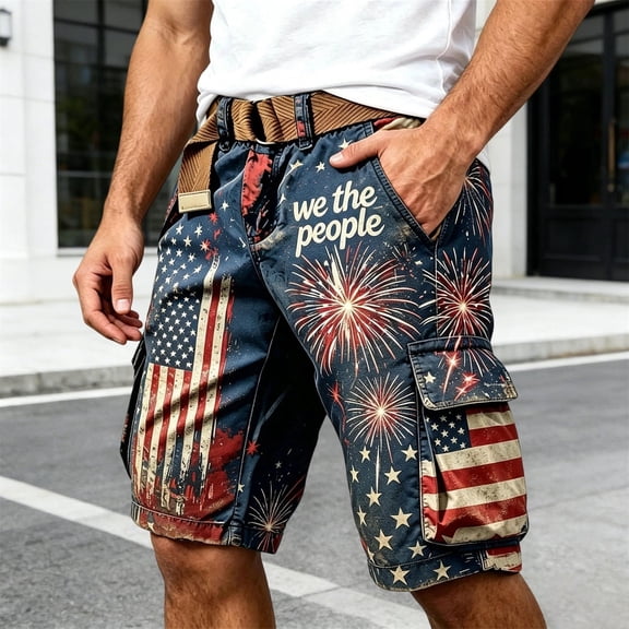 FASHOFT 250 Anniversary USA Cargo Shorts for Men American Flag Printing 4th of July Patriotic Multi Pockets Casual Cargo Shorts Blue L