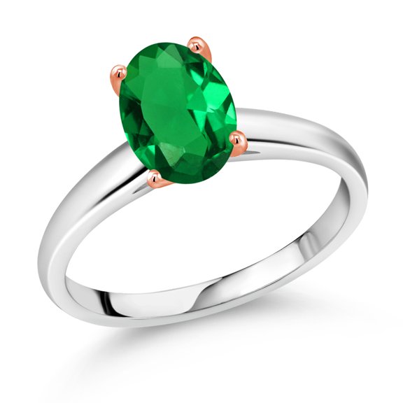 Gem Stone King 1.50 Ct Green Simulated Emerald 925 Silver and 10K Rose Gold Ring Ring (Size 7)