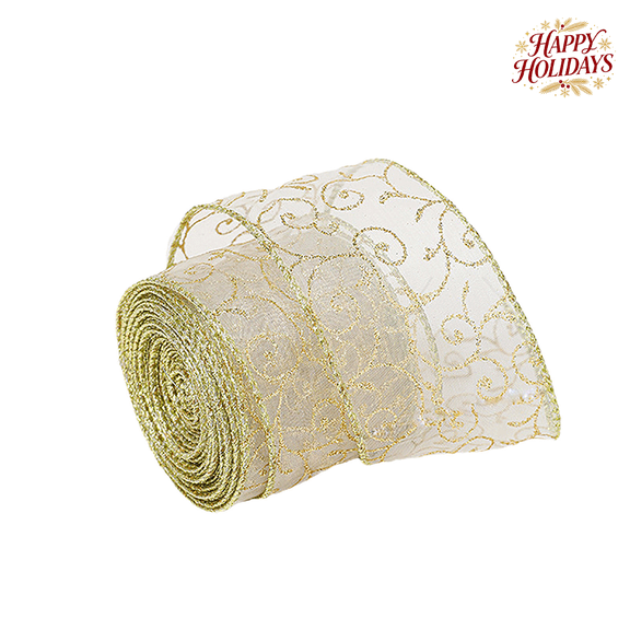 Elegant Gold Christmas Ribbon 2.19 Yards with Gold Wire Mesh Fabric Ribbon, Premium Decorative Craft Ribbon for Bow Making, Tree Wreath Gift Wrapping Holiday Party Decorations DIY Craft Home Decor
