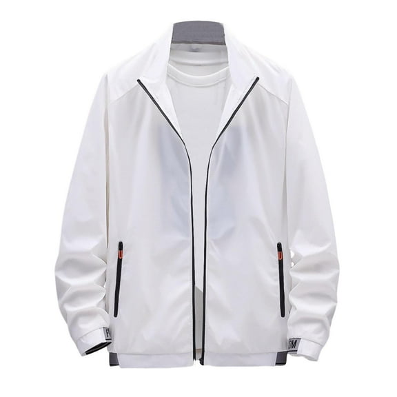 successthop Mens Long Sleeve Sun Protection Shirts Zip Up with Pockets Solid Jacket for Outdoor Driving Traveling Hiking Fishing White M