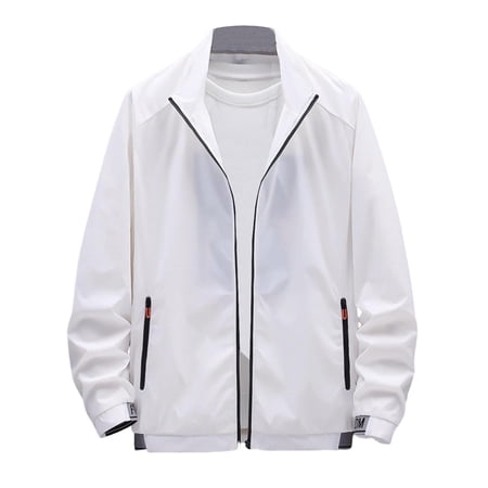 Sun Protection Jackets for Men Plus Size Full Zip Long Sleeve Standing CollarBig & Tall Coat for Men Outdoor Lightweight Fishing Hiking Jackets with Pockets White XXL