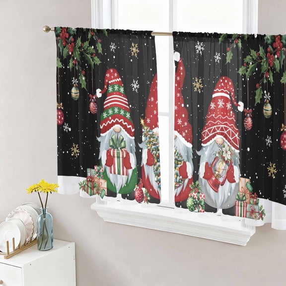 Black Gnomes Christmas Sheer Curtains 45 Inch Length 2 Panels Set Window Treatments, Xmas Ball Gifts Snowflake Rod Pocket Semi Curtains for Living Room/Bedroom/Kitchen Décor, 104"W x 45"L