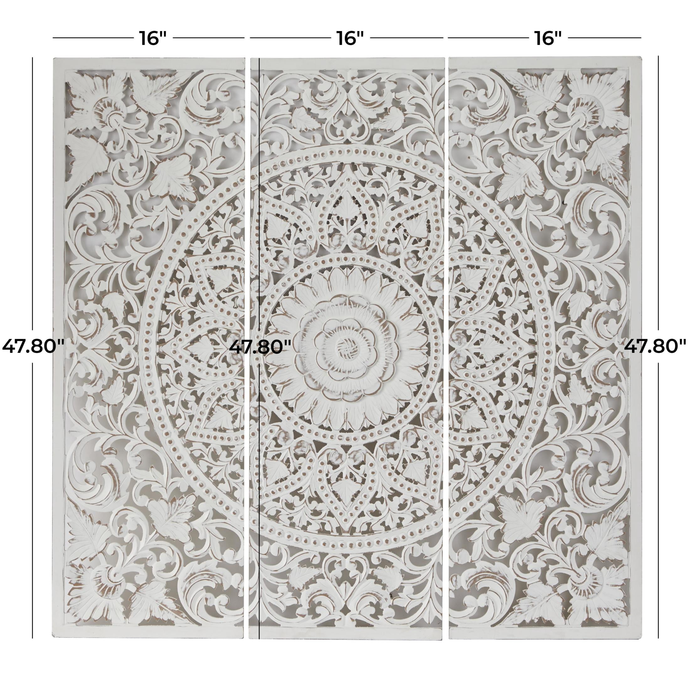 DecMode White Wooden Handmade Intricately Carved Floral Wall Decor with Mandala Design (3 Count)