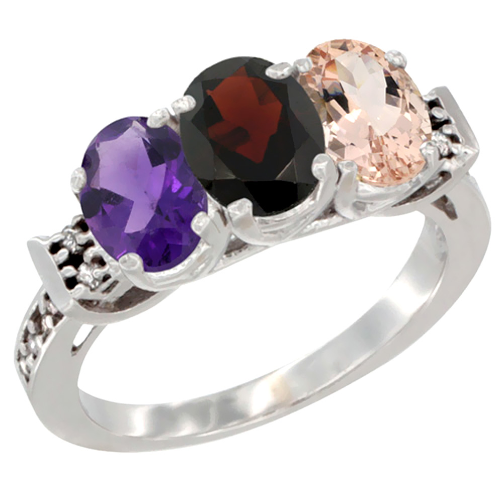 14K White Gold Natural Amethyst, Garnet & Morganite Ring 3-Stone 7x5 mm Oval Diamond Accent, sizes 5 10 by WorldJewels