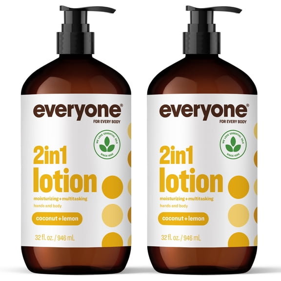 Everyone 2-in-1 Lotion for Hands/Body, 32 ounce (Pack of 2) Coconut and Lemon made with Essential Oils for Men and Women