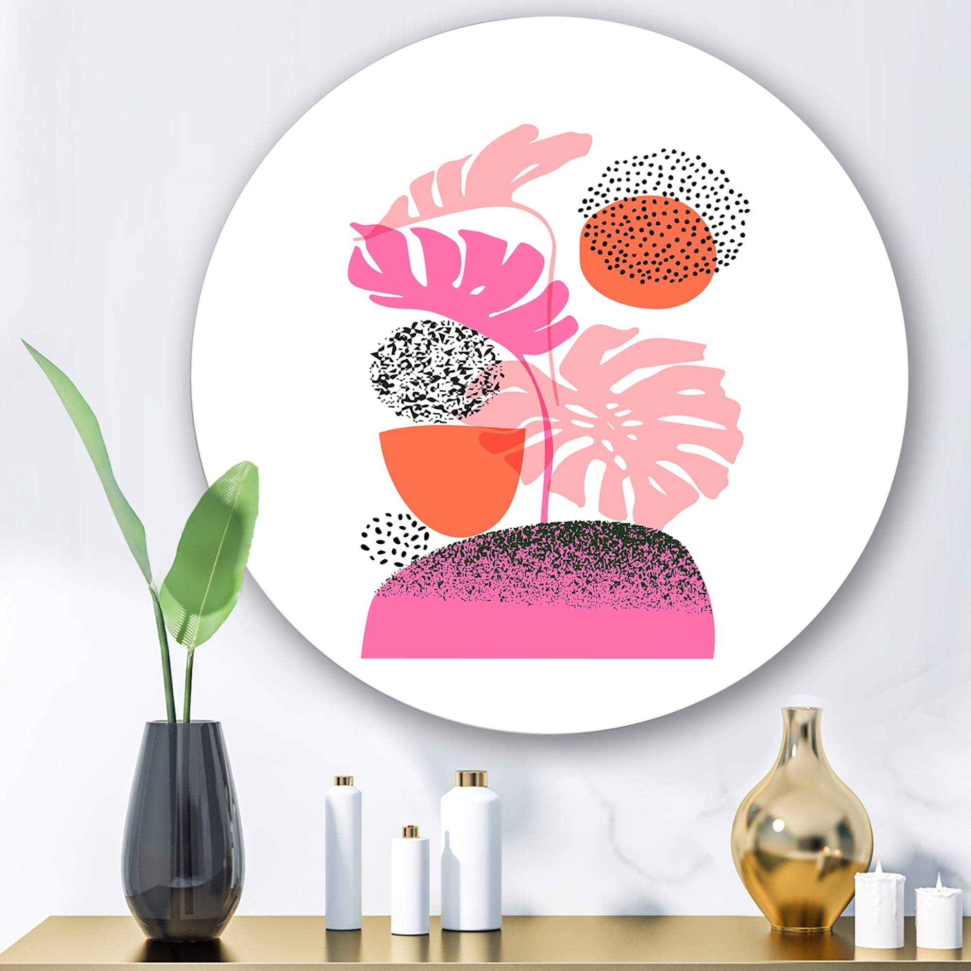 Designart 'Geometric Sun and Moon Shapes With Tropical Leaves' Modern Circle Metal Wall Art 11x11 - Disc of 11