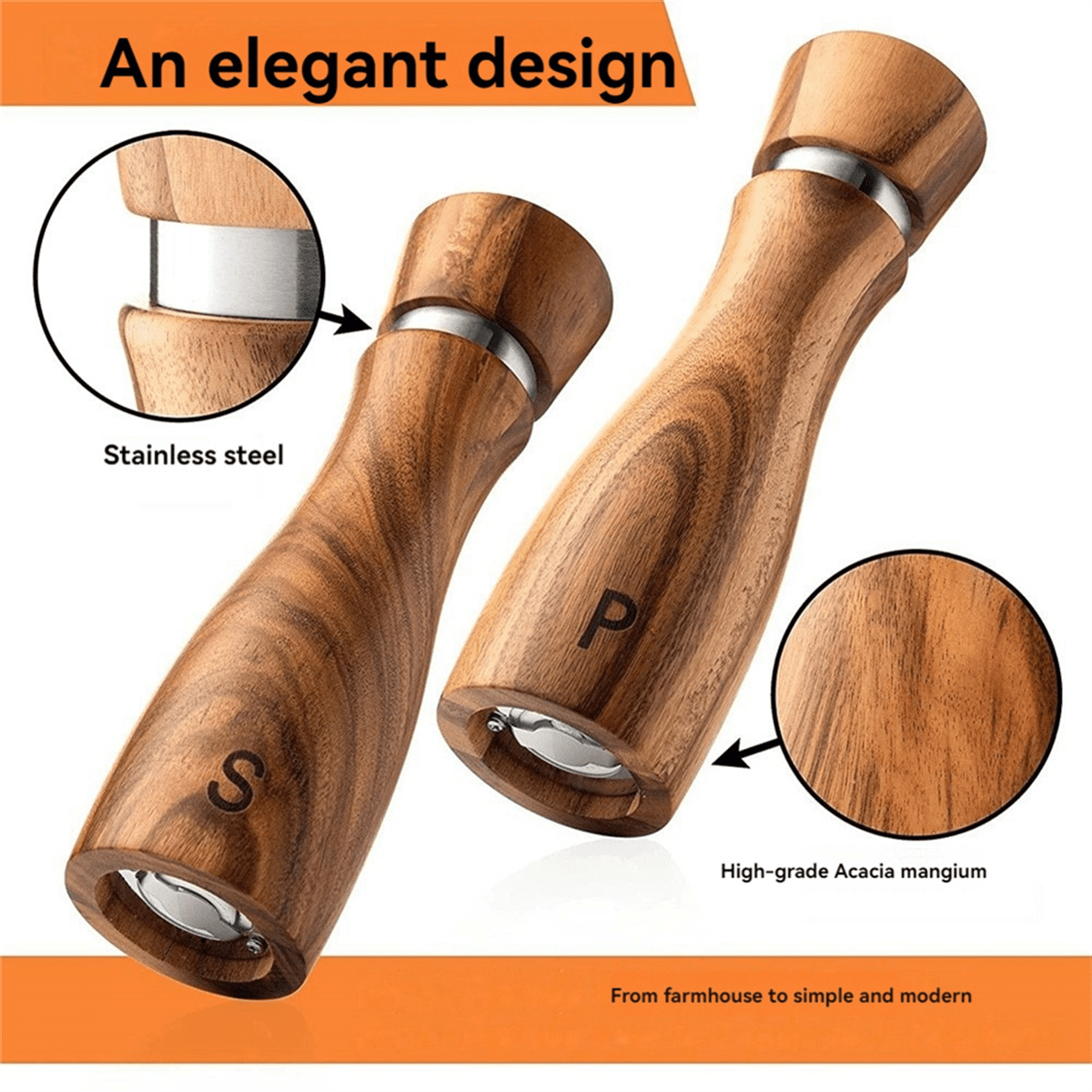 Wooden Salt and Pepper Grinder Set Pepper Grinder Manual,Adjustable Coarseness,with Salt&Pepper Mill Tray,Spoon