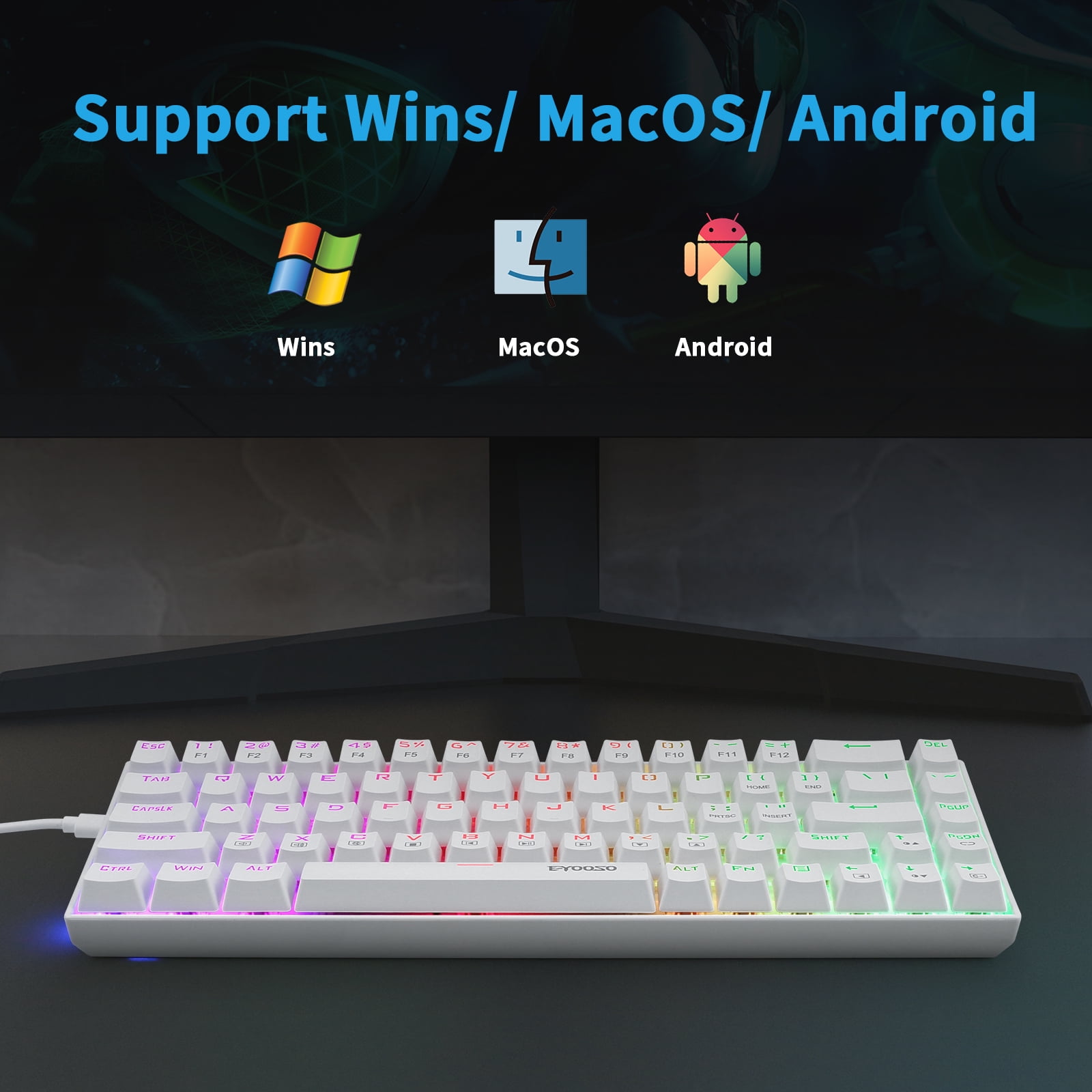 Portable 65% Mechanical Gaming Keyboard, E-YOOSO Z-686 Customizable Per-Key RGB Backlit, Compact 68 Keys Mini Wired Office Keyboard with Blue Switch for Windows Laptop PC Mac - White