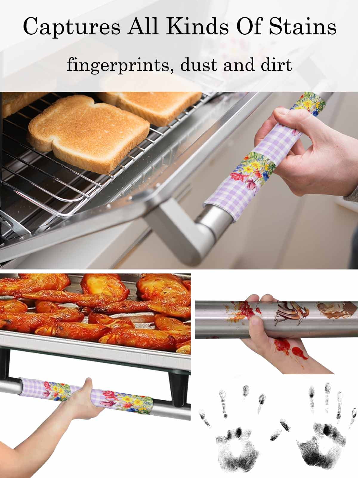 Purple Plaid Tulip Refrigerator Door Handle Covers Set of 2, Spring Floral Watercolor Botanical Kitchen Fridge Microwave Oven Dishwasher Stove Cabinet Handle Protectors, Washable Appliance Decor