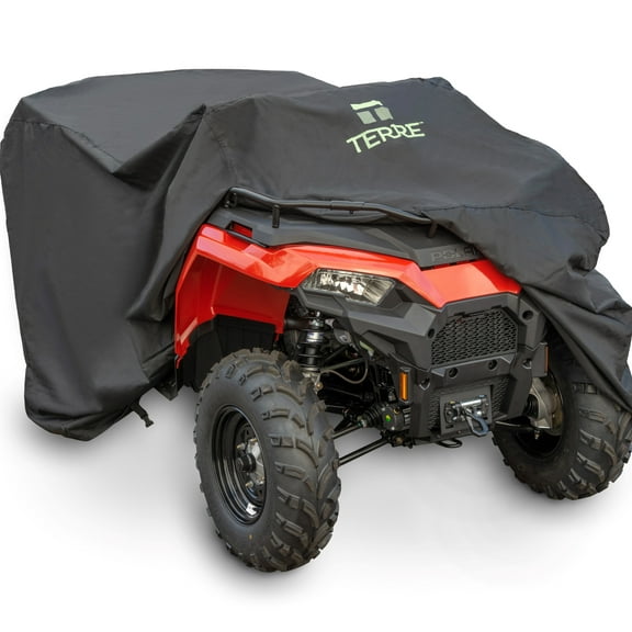 Terre Products ATV Cover Waterproof Heavy Duty Universal Fit Quad Cover, 600D Polyester Oxford UV and Weather Resistant 4 wheeler Accessory with Windproof Buckle Strapping for Storage and Trailering