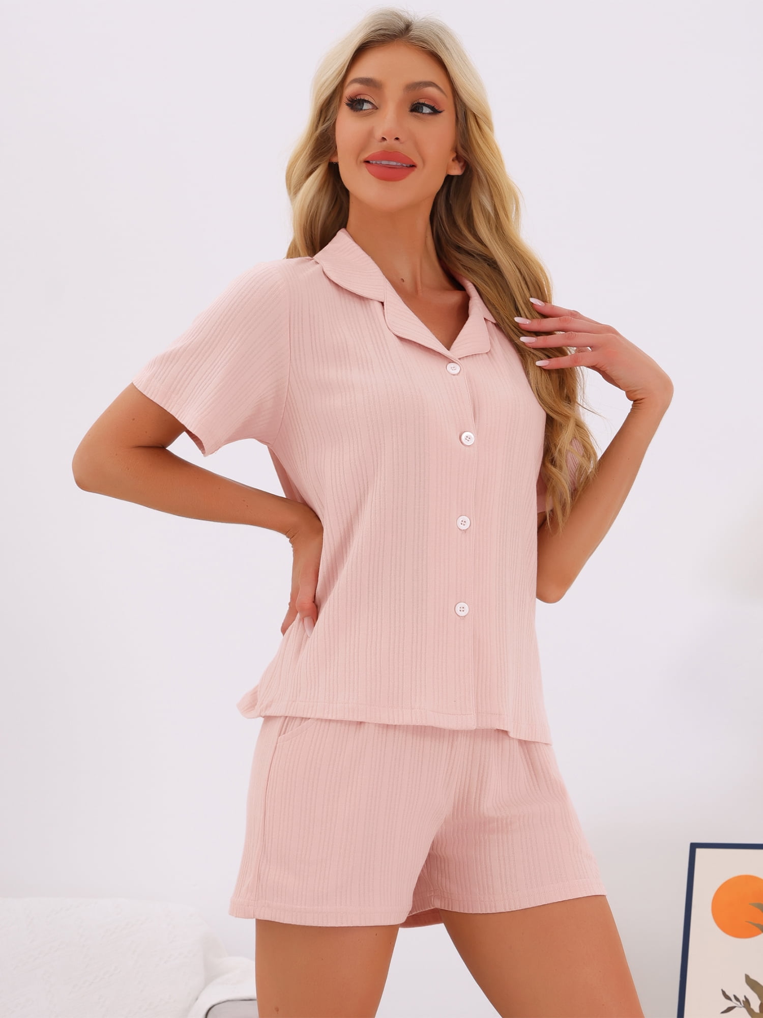 DARING DIVA Pajamas Set 100% Cotton Button Down Notch Collar Sleepwear S Pink