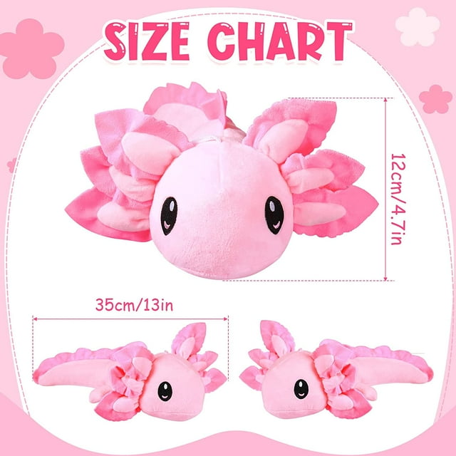 juguete de peluche con forma de salamandra de ajolote, 2 piezas, rosa, 36 cm — par de peluches axolotl rosa con cabeza redonda y cuerpo alargado, ojos bordados negros, branquias en capas rosas alrededor de la cabeza y cola estrecha; vistas frontal y 3/4 sobre fondo claro con guías de tamaño (35 cm x 12 cm). A menudo se usan como compañeros de abrazo o decoración de dormitorio.