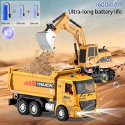 Remote Control Excavator and Dump Truck Toy Set with Barricades, Road Signs, Lights Sounds, Birthday Gifts for 3-12 Year Boys Girls