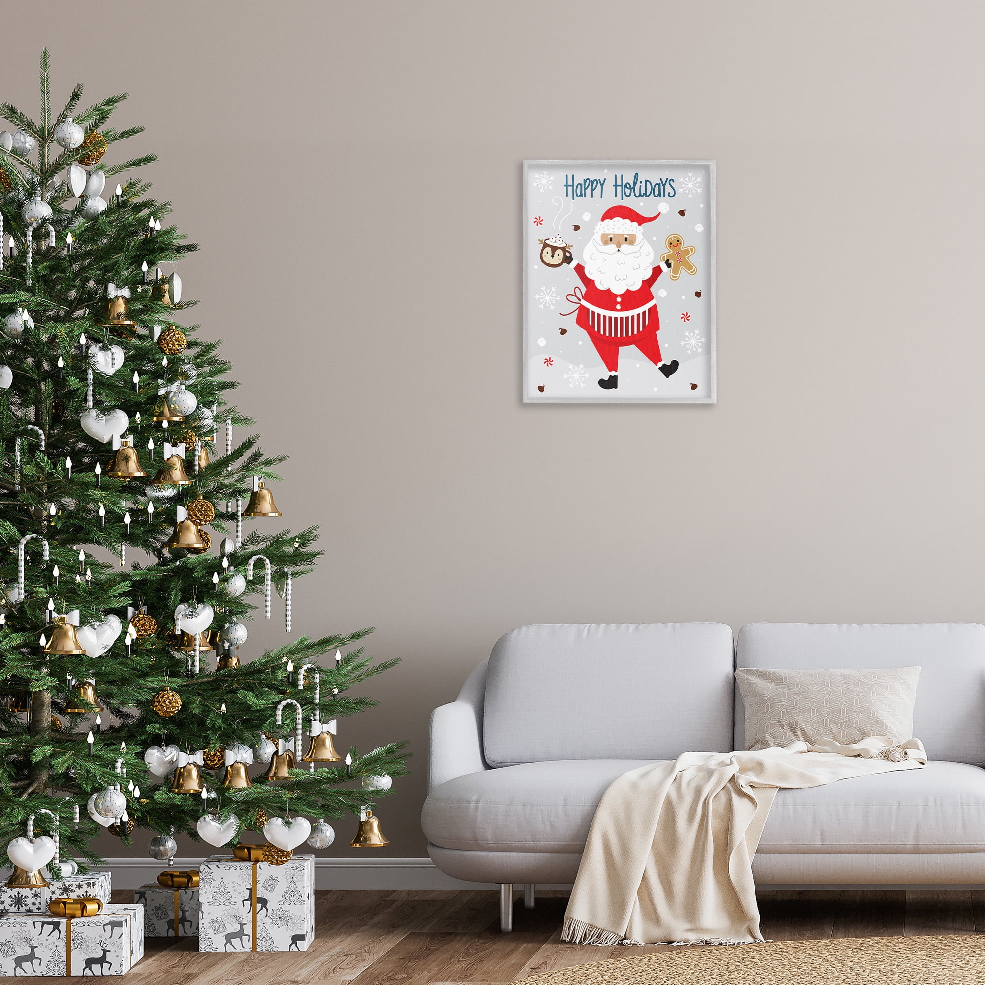 Stupell Industries Santa with Cocoa & Cookie Holiday Painting Gray Framed Art Print Wall Art, 24 x 30