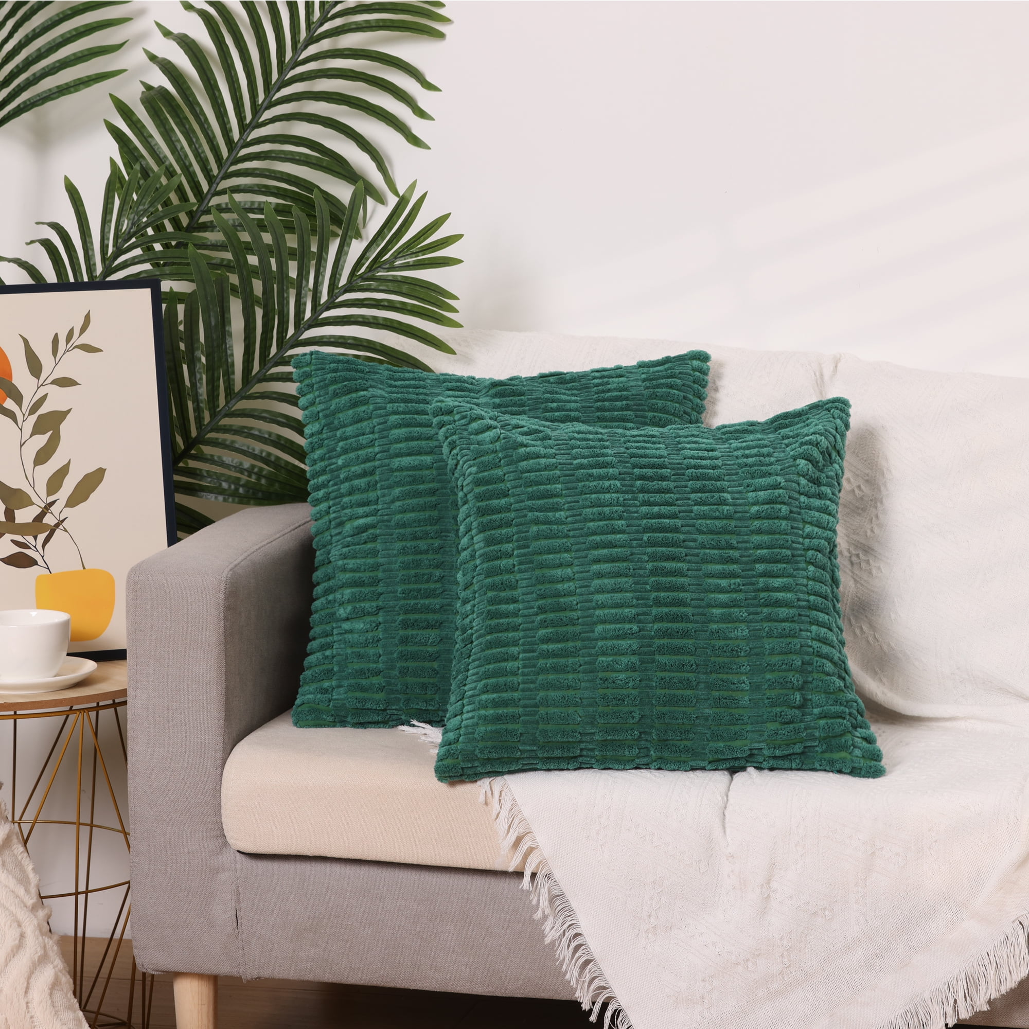 Unique Bargains Corduroy Soft Square Pillow Covers Set of 4 Modern Throw Pillow Cover Dark Green/Yellow 16" x 16"