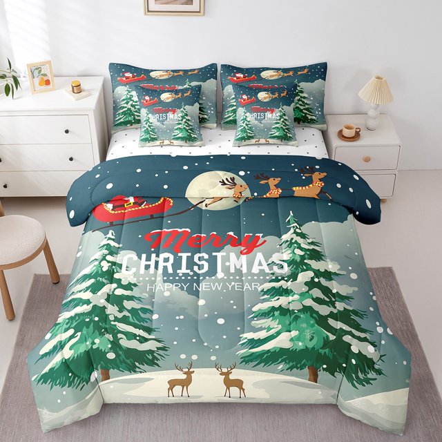 7 Piece Bed in a Bag Full Size Comforter Set for Kids Merry Christmas Bedding Set,Reindeer Christmas Tree Reversible Bed Set,元素词3 Comforter with Sheet Set,All Season