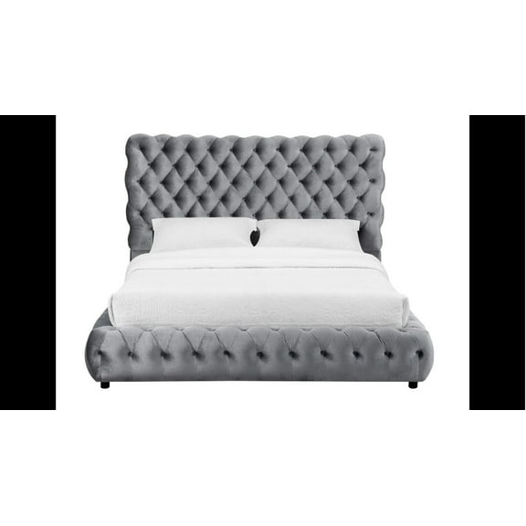 Contemporary 1pc Gray Fabric Upholstered King Size Bed w Tufted Headboard Footboard Bedroom Furniture