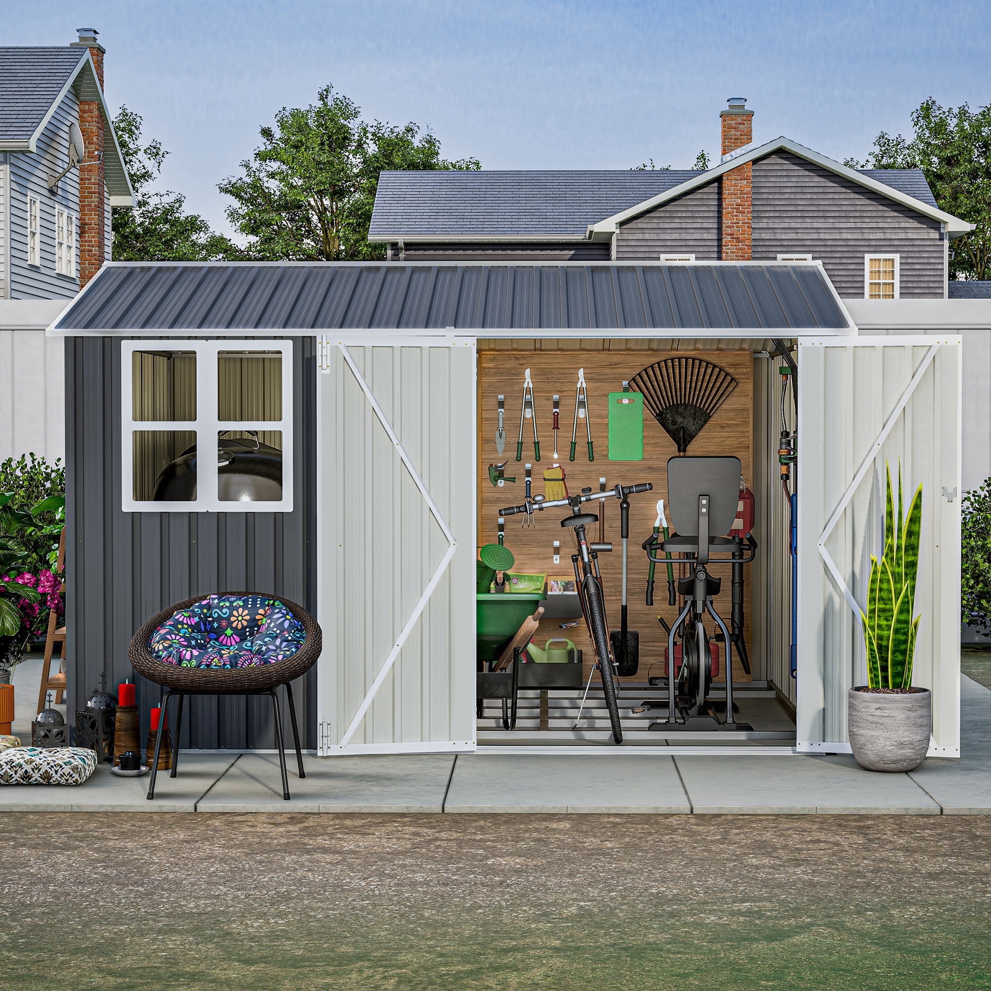 Bullenfity 10x8 Ft Outdoor Steel Storage Shed, Portable Outdoor Shed with Floor Frame, Vents and Window, Heavy Duty Weather Resistant for Equipment Room Pet Room Garage