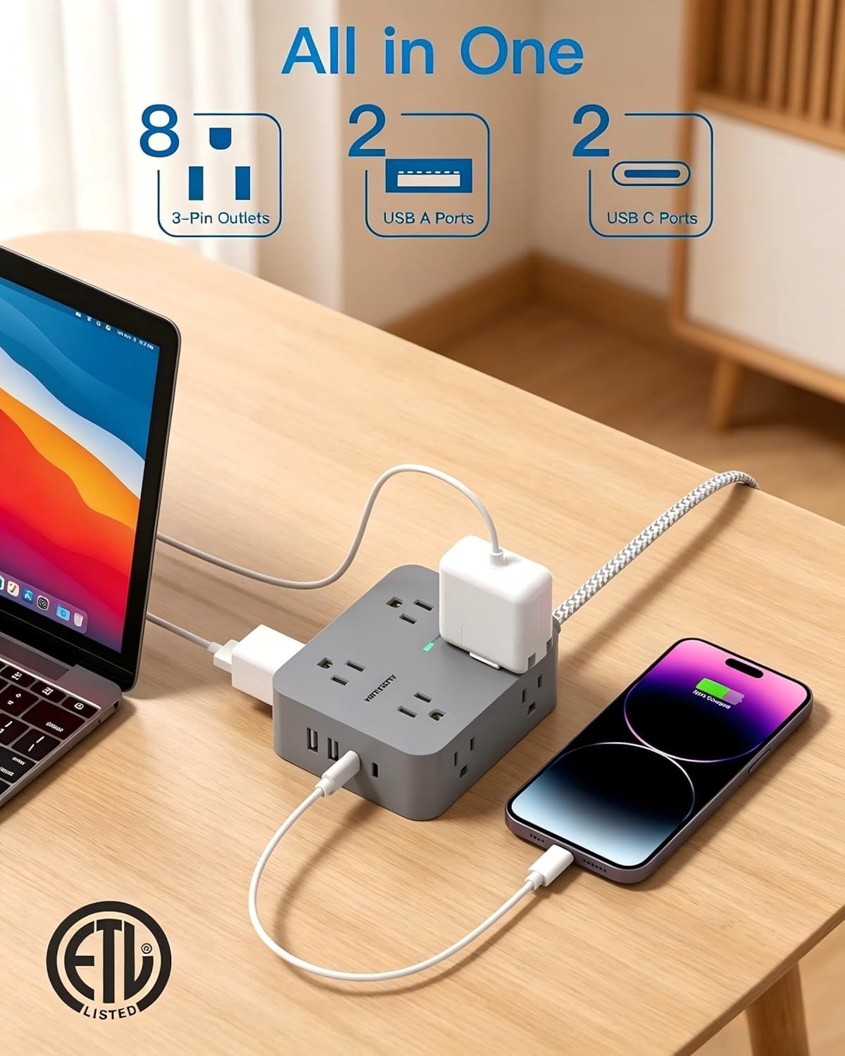 10 Ft Surge Protector Power Strip, Extension Cord with 8 AC Outlets 4 USB (2 USB C) Ports, Flat Plug, Wall Mount Desk USB Charging Station for Home