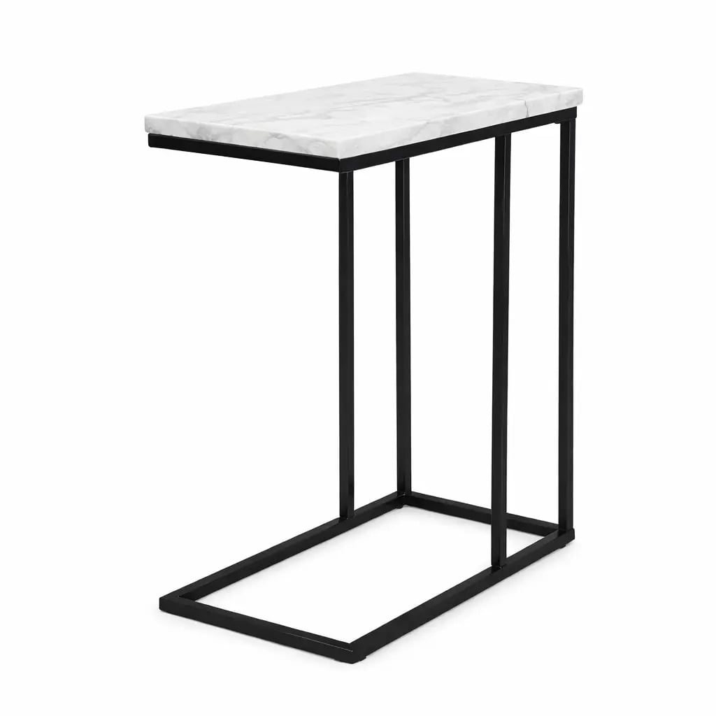 C-Shaped Side End Table with White Marble Top & Black Metal Frame, 16.25×9.5×24.75 Inch Slide Under Sofa Drink Table for Living Room