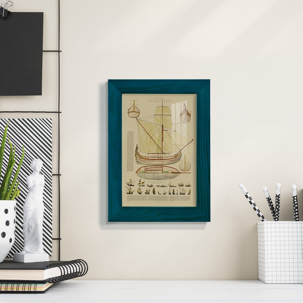 Antique Ship Plan I -Framed Print w/glass-Ocean Blue