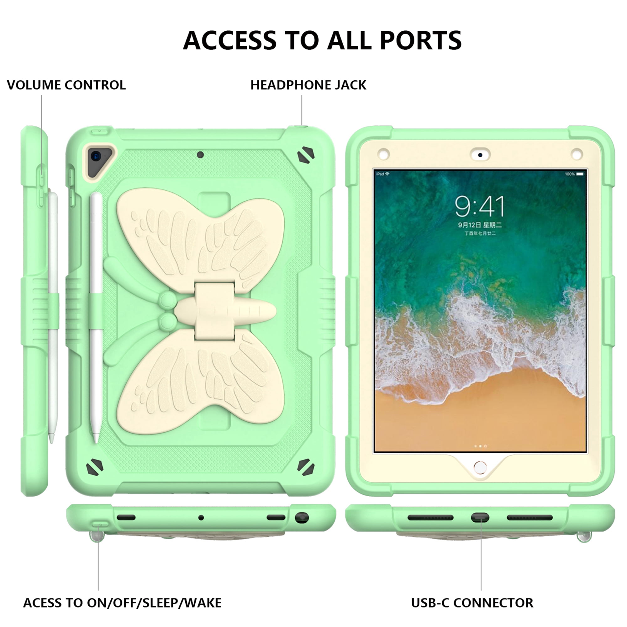 Dteck for iPad 6th 5th Generation Case with Kickstand Butterfly Wings Pencil Holder, Heavy Duty Hard Rugged Protective Cover Kids Girls for 9.7 inch iPad 6th/5th Gen/Air 2,Green + Beige