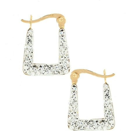 14K Solid Gold Clear Crystal Square Hoop Earrings Made Wswarovski Elements