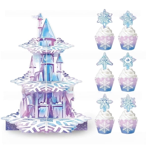 Cartoon Snowflake Castle Three-Tier Cupcake Stand with Decorations and Wrappers Perfect for Birthday Parties, Baby Showers, and Other Themed Celebrations