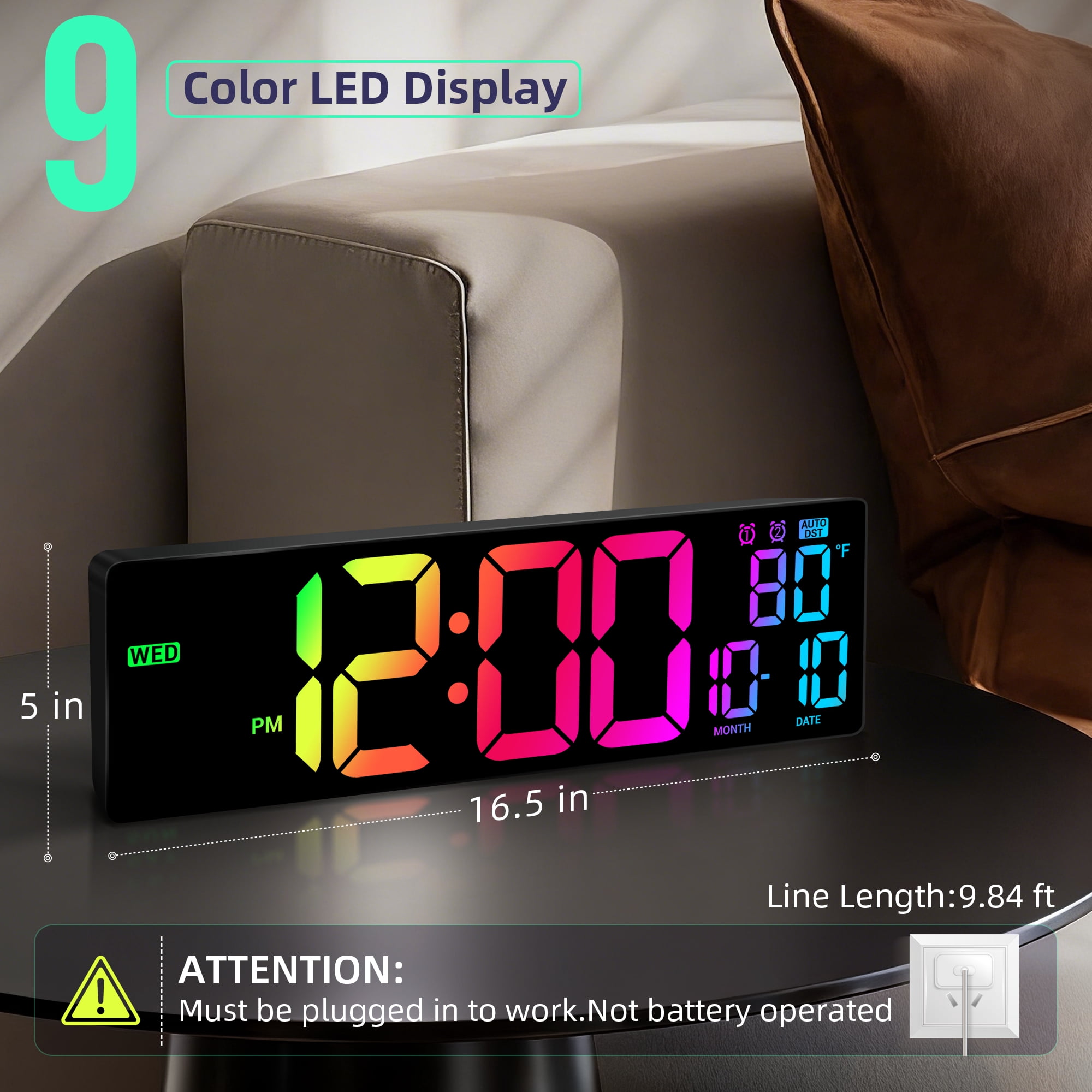 16.5" Large Digital Wall Clock with Remote Control, Auto-Dimming LED Display with Date Temp, Big Number Wall Mount Decor Clock for Seniors, Classroom, Dorm, Home, Office, Gym Colorful