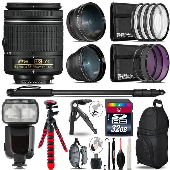 Nikon AF-P 18-55mm VR - 3 Lens Kit + Professional Flash - 32GB Accessory Bundle (International Version)
